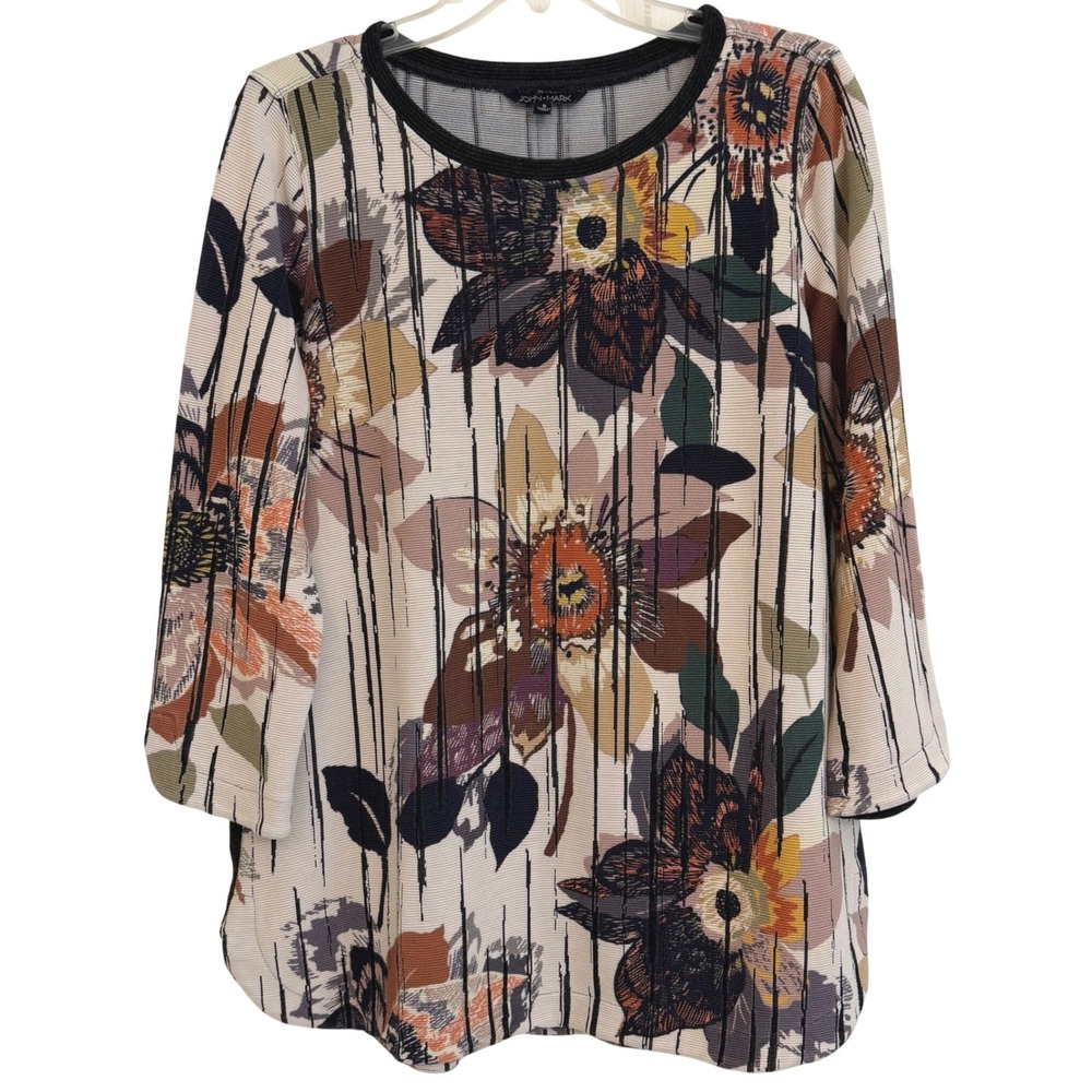 John Mark Women Floral Mixed Media Ribbed Knit Top 3/4 Sleeve Black Multi S EUC